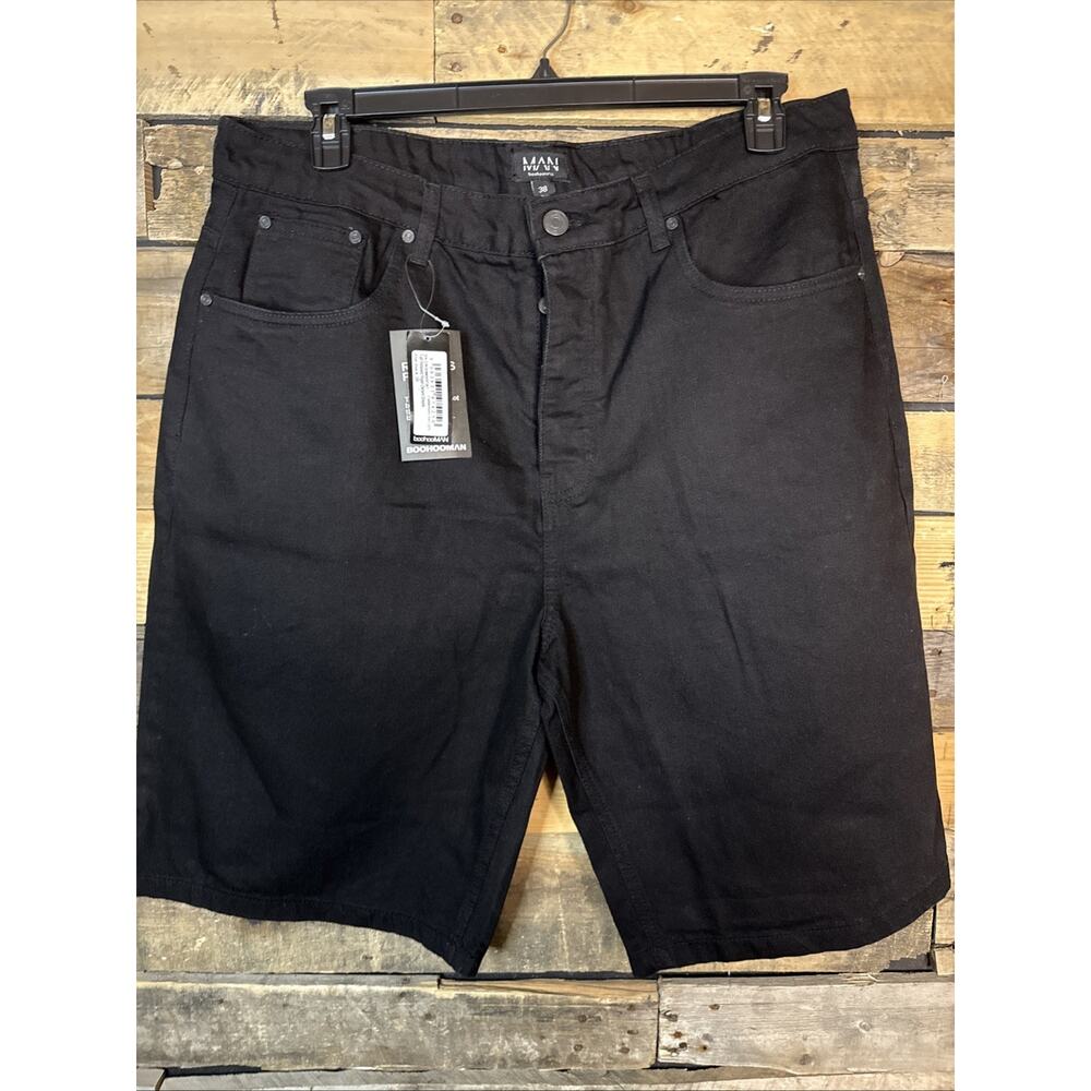 Boohooman Tall Relaxed Denim Shorts , Size 38, Black